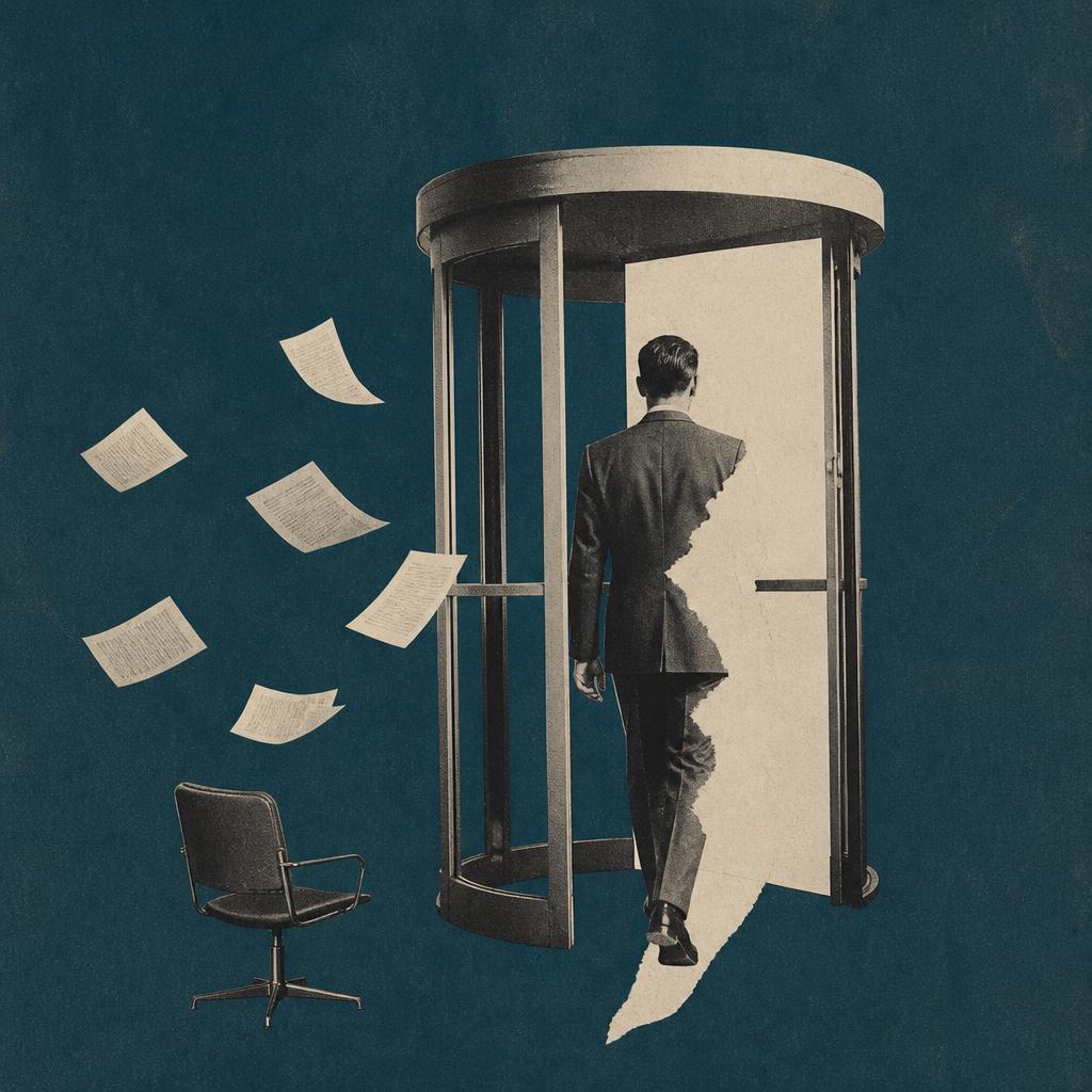 Paciente saindo por porta giratória — colagem vintage